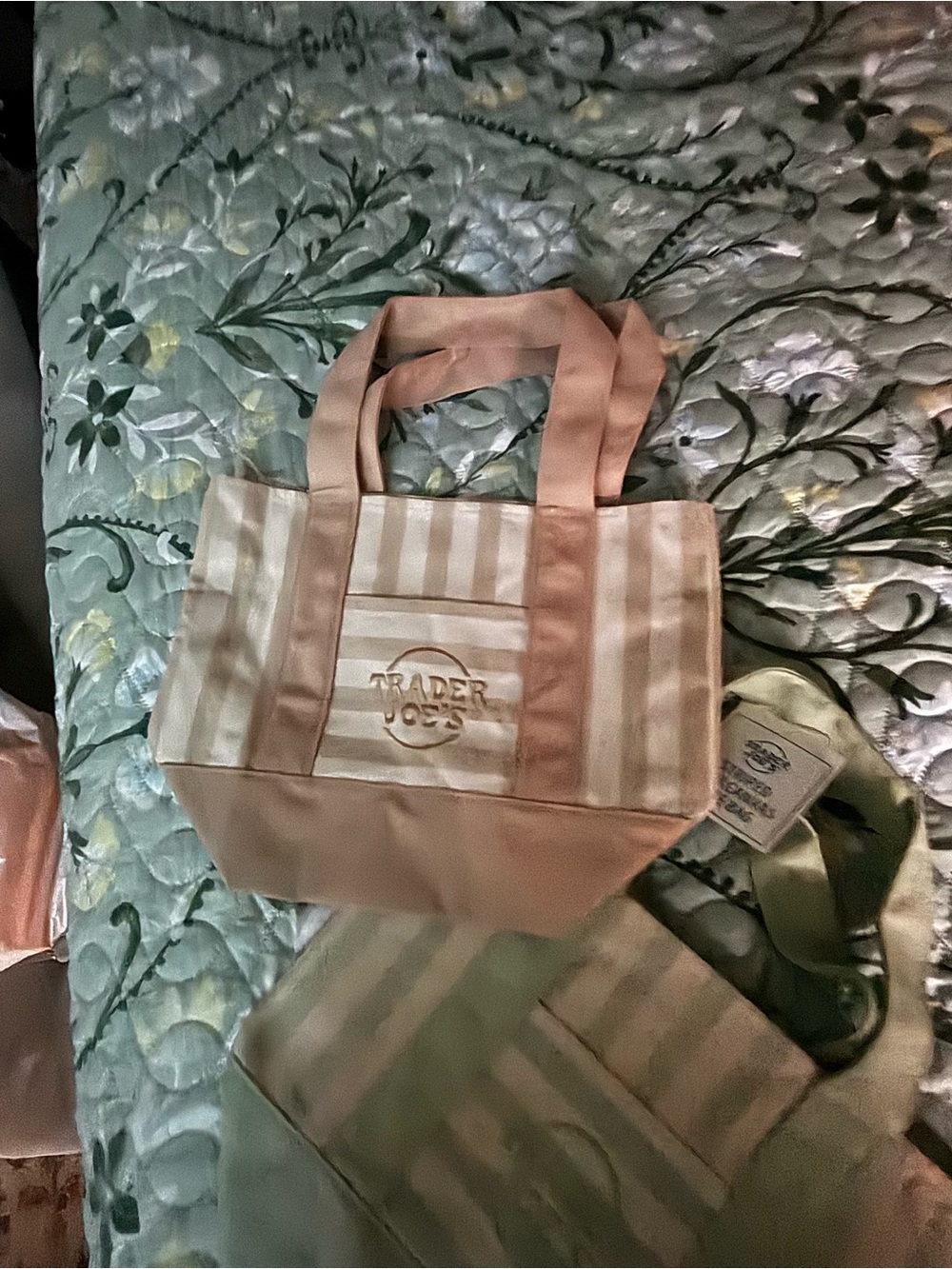Trader Joe's mauve and mint green Stripe Tote Bag
